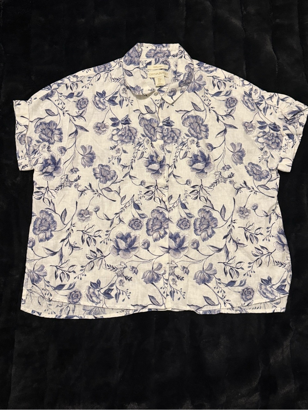 Cynthia Rowley 100% Linen Floral Button Shirt Womens Small White Blue Coastal
